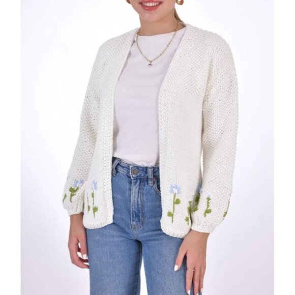 Vtg 60s 70s Sears LG Crewel Embroidered Floral Ivory White Open Front  Cardigan - Picture 12 of 12